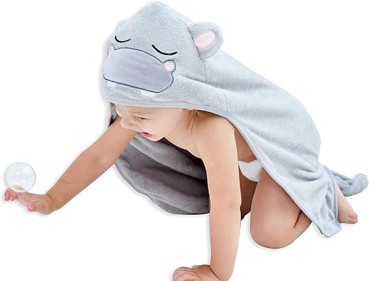 HIPHOP PANDA Hooded Towel - Rayon Made from Bamboo, Bath Towel with Bear Ears for Newborn, Babie, Toddler, Infant - Absorbent Large Baby Towel - Hippo, 30 x 40 Inch