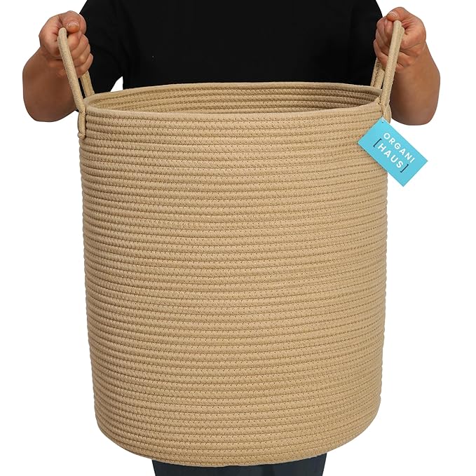 OrganiHaus Large Woven Baskets for Storage 15x18, Cotton Rope Baskets for Storage, Tall Blanket Basket for Living Room, Nursery Laundry Basket, Big Basket for Toys, Basket For Blankets, Honey