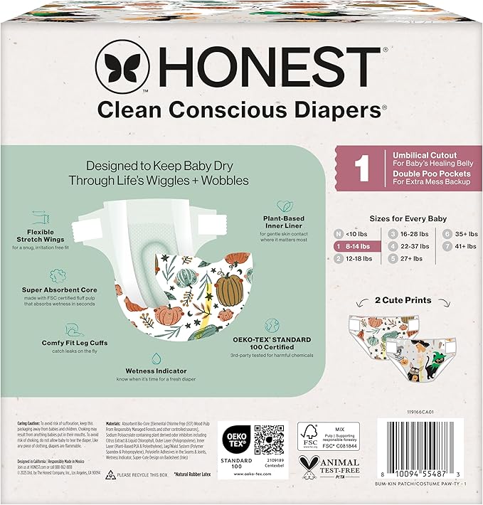 The Honest Company Clean Conscious Diapers for Delicate Skin | Up to 100% Leakproof | Hypoallergenic, Fragrance Free | Fall '25 Limited Edition Prints | Club Box, Size 1 (8-14 lbs), 78 Count
