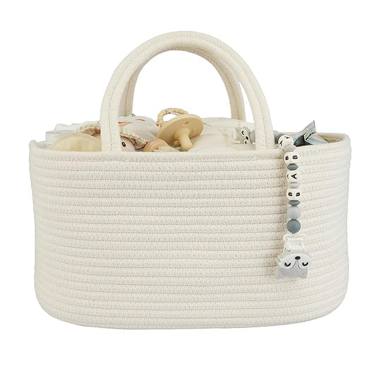 Large Baby Diaper Caddy Organizer for Girl Boy Rope Nursery Storage Bin Basket Portable Holder Tote Bag for Changing Table Car Travel Baby Shower Gifts Newborn Essentials Registry Must Haves White