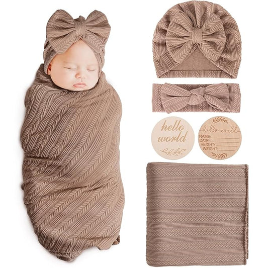 Newborn Receiving Blanket with Bow Hat Headband Wooden Card Set Wheat-Pattern Newborns Toddler Baby Boy Girl Nursery Swaddle Wrap