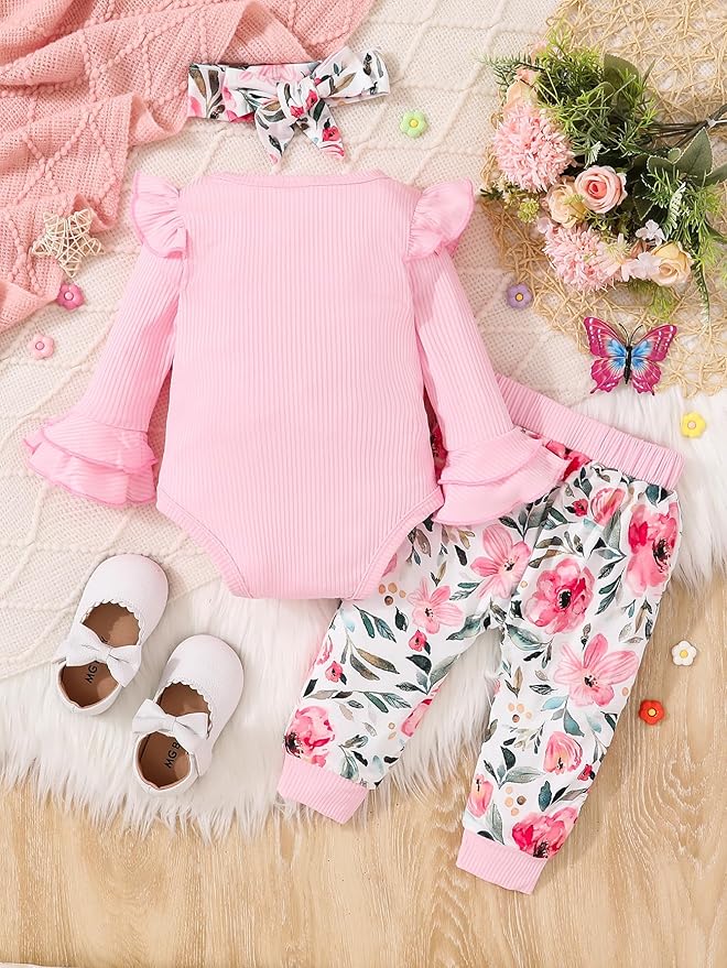 Baby Girl Clothes Newborn Infant Outfits Cute Summer Clothes Spring Romper Set+Hat+Headband