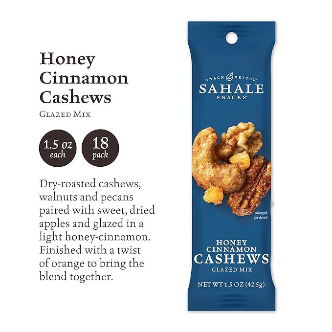 Sahale Snacks Honey Cinnamon Cashews Glazed Mix, 1.5 oz Bags (18 Packs) - Dry-Roasted Deluxe Mixed Nuts - Walnuts, Pecans & Dried Apples - Non-GMO, Kosher, & Certified Gluten-Free Snacks