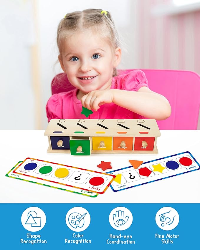 Coogam Montessori Toys Wooden Color Shape Sorting Box Game Geometric Matching Blocks Early Learning Educational Toy Gift for 3 4 5 Year-Old Baby Toddlers