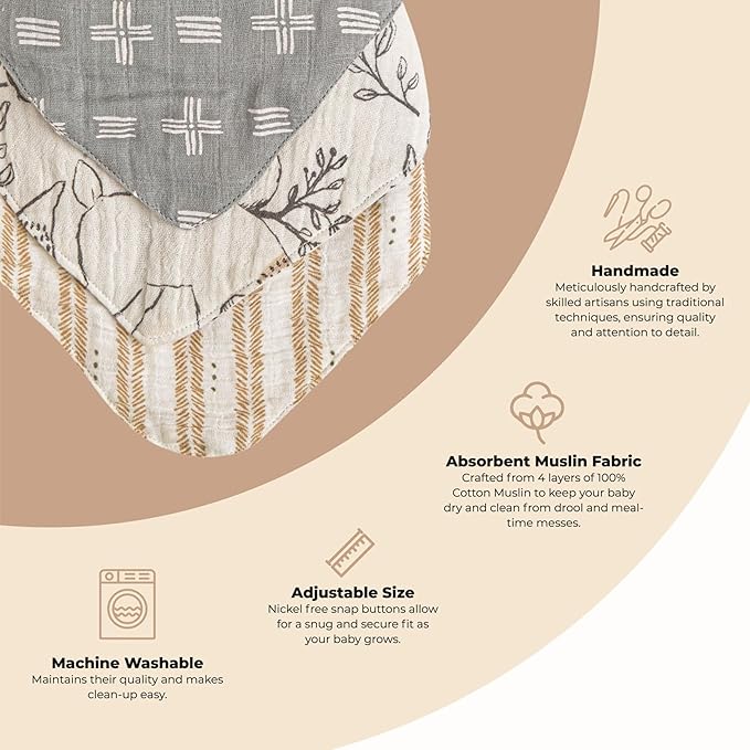 Crane Baby Bandana Bibs, Soft Muslin Adjustable Absorbent Bib Set, 3 Pack, 100% Cotton, Woodland Animal Baby Set For Newborns, Cotton Drool Bibs For Eating