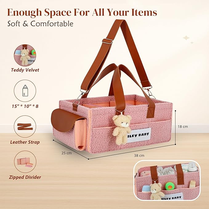 SMILEY BABY Nappy Caddy Organizer, Newborn Essentials & Car Diaper Caddy, Portable Nursery Storage Basket with Detachable Compartments, Baby Shower Gifts and Registry Must Haves for Boy or Girl