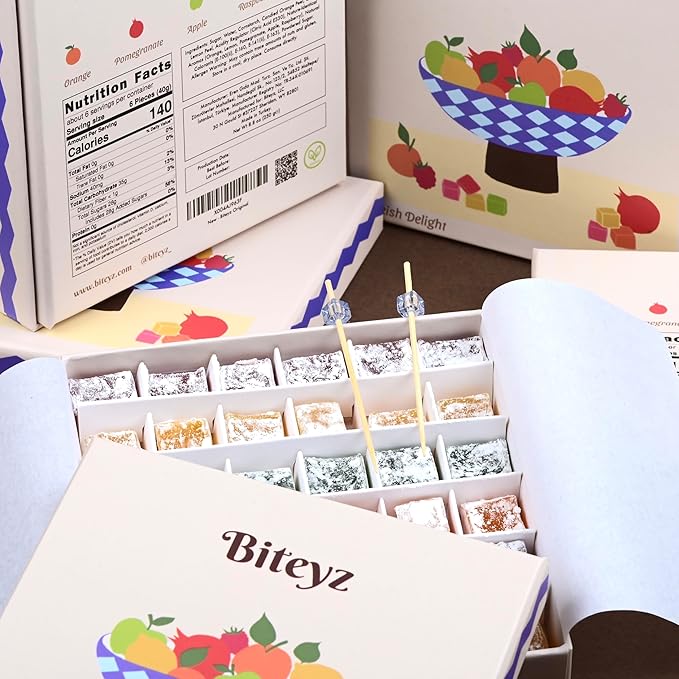 Biteyz Original Turkish Delight, Vegan Candy Gift Box - Assorted Gourmet Fruit Snacks with Lemon, Apple, Orange, Pomegranate, and Raspberry Flavors, 36 Pieces of Luxury Handmade Vegan Treats