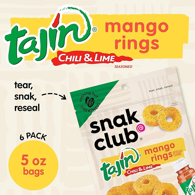 Snak Club Tajin Mango Rings Gummy Candy, Fruit Candy Gummies with Chili and Lime Seasoning, Mild, Gluten-Free and Vegan Snacks, 5 oz Resealable Bags, 6 Pack