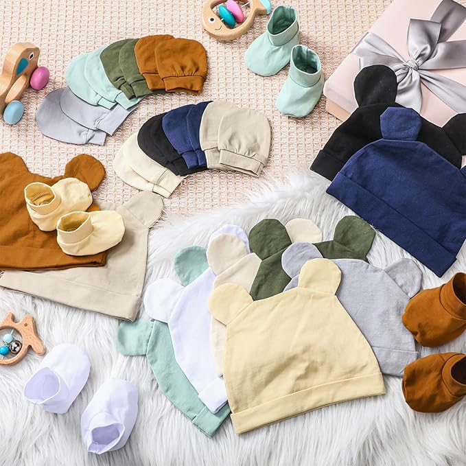 Toulite 10 Set Newborn Baby Socks Hat and Mittens Soft Ankle Sock Newborn Beanie Mitten for Boys Girls Infant