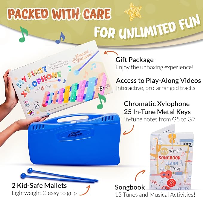 Leopold & Marianne | Xylophone for Kids Ages 5-9 | Kids Musical Instrument | Glockenspiel 25 Notes Chromatic | Color Metal Keys | Music Book Included, Play-Along Videos, Blue Carry Plastic Case