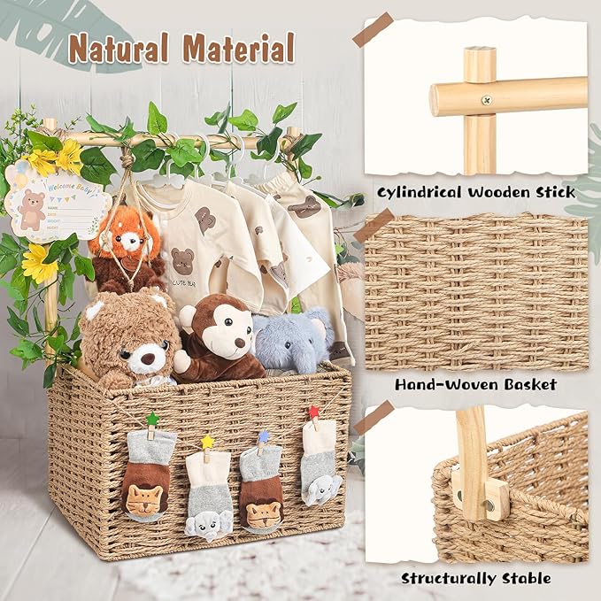 Wooden Woven Baby Shower Crate – Foldable Storage Basket with Handles, Handwoven Gift Box for Baby Shower & Newborn Essentials, Welcome Gift for Baby Shower, Newborn Boys Girls