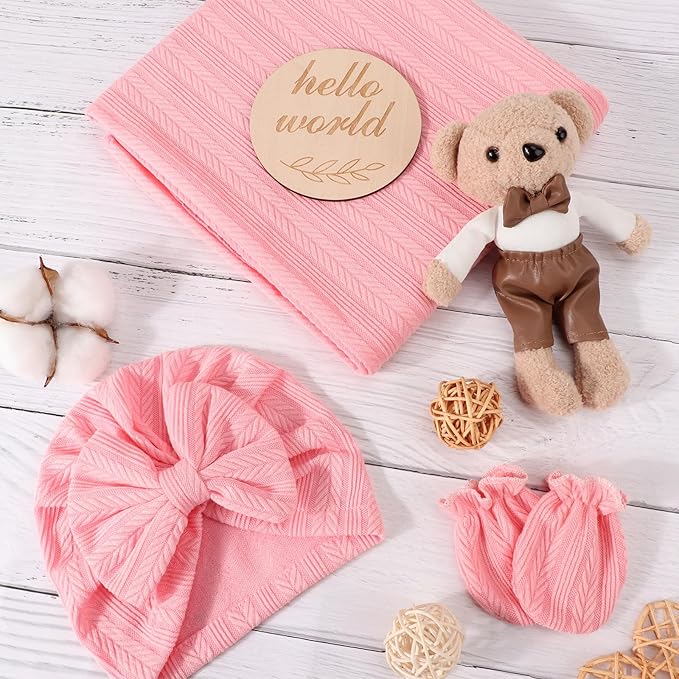 Newborn Receiving Blanket with Bow Hat Mittens Wooden Card Set Wheat-Pattern Newborns Toddler Baby Boy Girl Nursery Swaddle Wrap