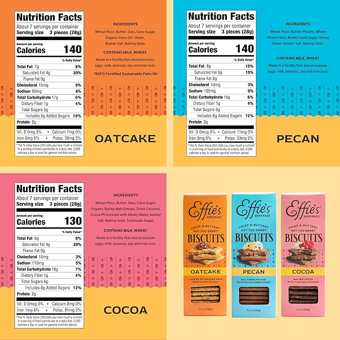 Effie's Homemade Biscuits - Variety Pack - Oatcakes, Pecan, Cocoa - 3 Pack