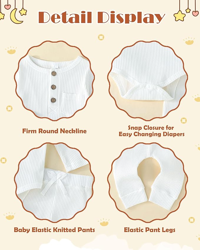 Newborn Baby Boy Girl Clothes Ribbed Knit Cotton Long Sleeve Romper Long Pant Preemie Solid Color Unisex Outfits