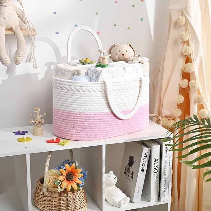 Baby Diaper Caddy Organizer, Cotton Rope Diaper Basket, Baby Basket for Changing Table, Nursery, Car, Changing Table Storage Bin With Removable Divider, Baby Shower Gifts for Newborn, Baby Essentials