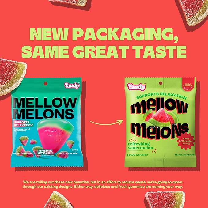 Tandy Mellow Melons L-Theanine Gummies I Relaxation Gummy with Refreshing Watermelon Flavor I Calming Gummies for Adults I Gluten-Free Fast-Acting Dietary Supplement Gummy I 6-Pack