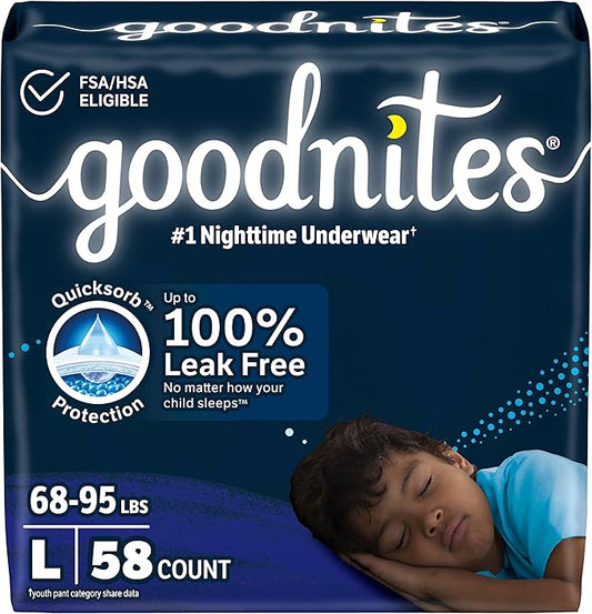 Goodnites Boys' Nighttime Bedwetting Underwear, Size Large (68-95 lbs), 58 Ct (2 Packs of 29), Packaging May Vary