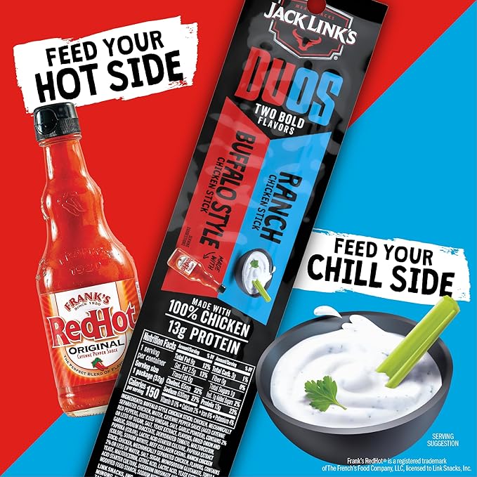 Jack Link's DUOs Chicken Jerky Meat Snack Sticks with 13g Protein - Frank's RedHot Buffalo Style With Creamy Ranch, Made with 100% Chicken, Two Flavors in One Package, 1.84oz (10 Pack of 2 Sticks)
