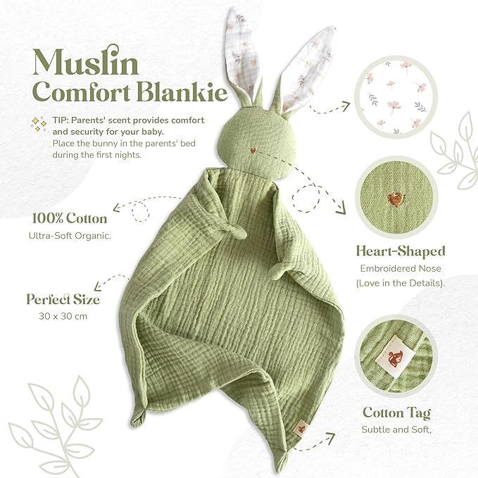 Mikito Organic Cotton Baby Muslin Lovey Bunny - Oeko-TEX & GOTS Certified - Security Blanket & Perfect Loveys for Babies - Unisex New Baby Gift for Ultimate Comfort & Peaceful Dreams