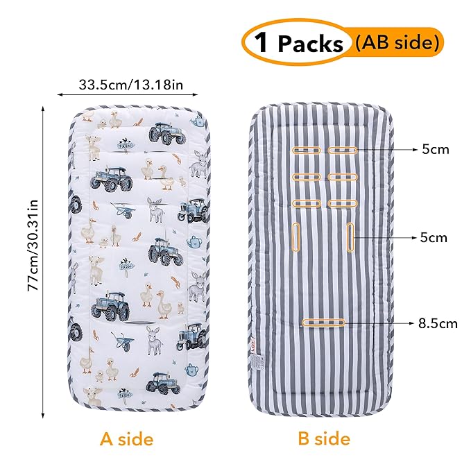 Baby Stroller Cushion,Infant Car Seat Insert-Reversible Universal Breathable and Soft Newborn Stroller Mat,100% Cotton Cover Toddler Seat Pad Liner-34x78cm,1 Pack(Car+Gray Stripes)