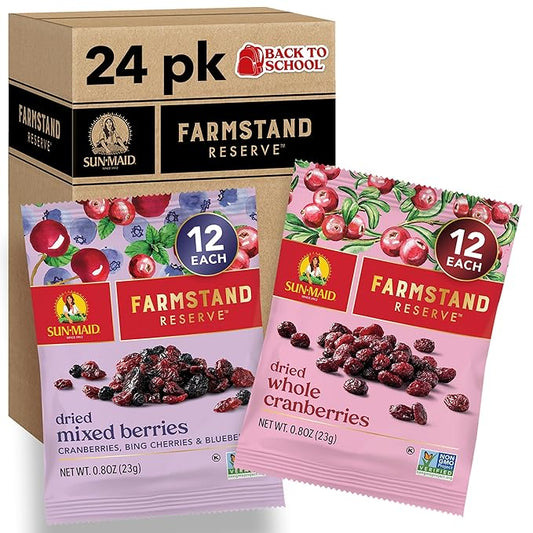 Sun-Maid Farmstand Reserve 24 Count Variety Pack - 0.8 oz Snack Bag – (12) Whole Dried Cranberries and (12) Dried Mixed Berries (Amazon Exclusive)