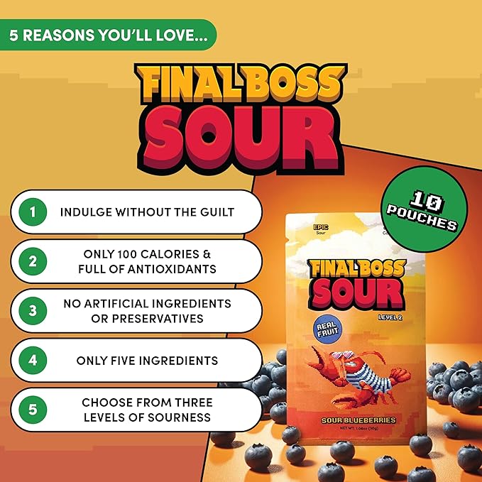 Final Boss Sour Candy, Sour Blueberries, 10 Pack, Level 2, Fruit Chews with Real Dried Fruit, No Artificial Colors or Flavors, Low Calorie Snack for Kids, Teens, Adults, Lunch Boxes & On The Go