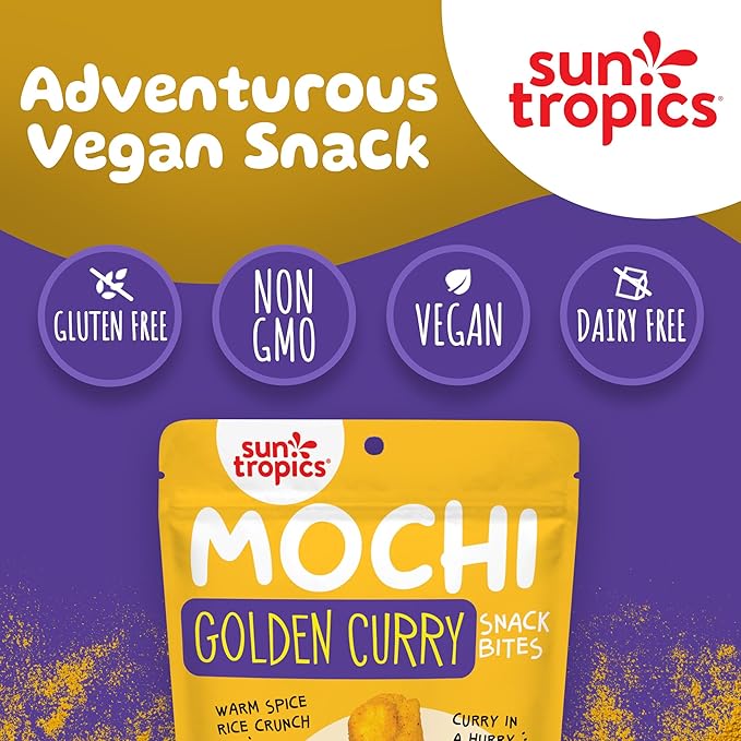 Sun Tropics Mochi Snack Bites, Golden Curry Flavor- 3.5 oz (6 Pack) | Crispy Crunchy Mochi Bites, Rice Nuggets | Mochi Puff Rice Crackers- Gluten Free & Dairy Free- No MSG Added | Asian Rice Snacks