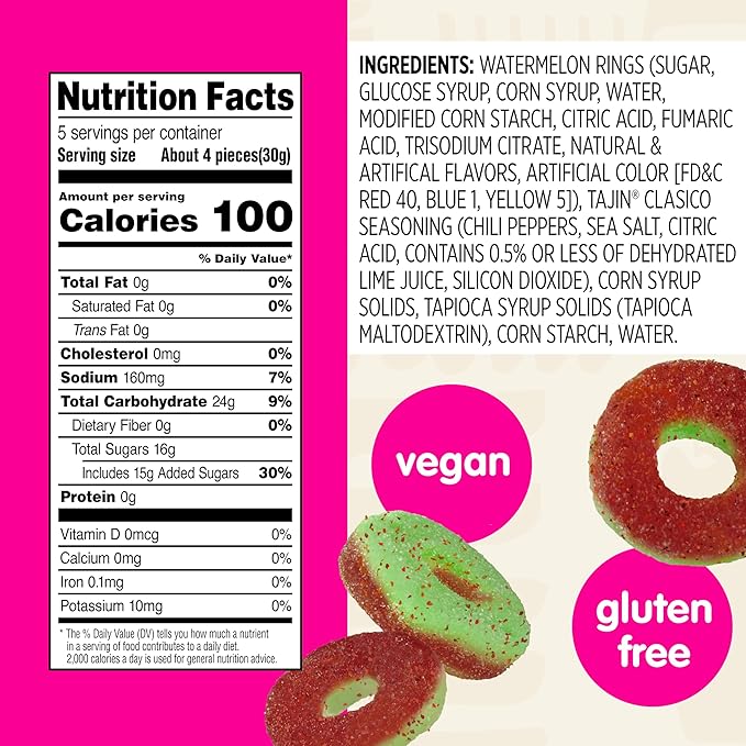 Snak Club Tajin Watermelon Rings Gummy Candy, Fruit Candy Gummies with Chili and Lime Seasoning, Mild, Gluten-Free and Vegan Snacks, 5 oz Resealable Bags, 6 Pack
