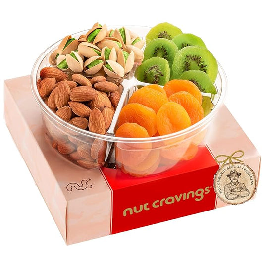 NUT CRAVINGS - Rosh Hashana & Shana Tova Dried Fruit & Mixed Nuts Gift Basket in Red Box (4 Assortments) Food Arrangement, Healthy Snack Care Package, Food Assortments