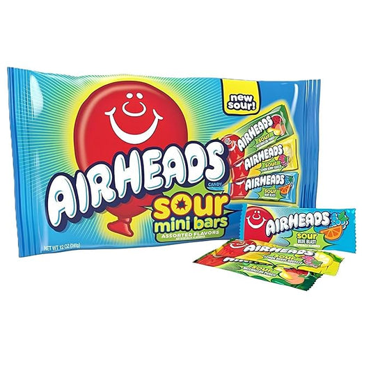 Airheads Sour Mini Halloween Trick or Treat Taffy Candy Bars, Watermelon Punch, Blue Blast & Lemon Berry Squeeze, Individually Wrapped Candy for Adults & Kids, Party Favors, 12 Oz Variety Bag