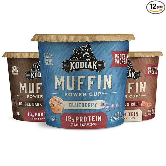 Kodiak Cakes Minute Muffin Cup Variety Pack - 100% Whole Grains, Double Dark Chocolate, Blueberry & Cinnamon Roll (Pack of 12)