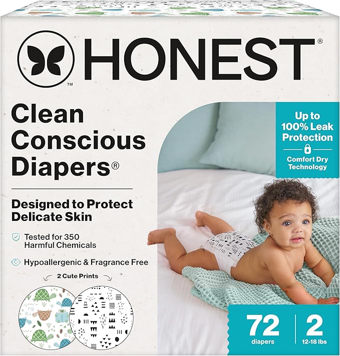 The Honest Company Clean Conscious Diapers for Delicate Skin | Up to 100% Leakproof | Hypoallergenic, Fragrance Free | Gender Neutral | Club Box, Size 2 (12-18 lbs), 72 Count (Prints May Vary)