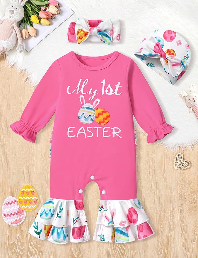 AGAPENG Newborn Girl Clothes Ruffle Letter Print Romper Infant Bell Bottom Jumpsuit Boho Baby Girl Clothes with Headband Hat