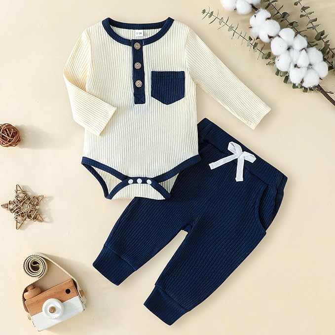 Newborn Baby Boy Girl Clothes Ribbed Knit Cotton Long Sleeve Romper Long Pant Preemie Solid Color Unisex Outfits