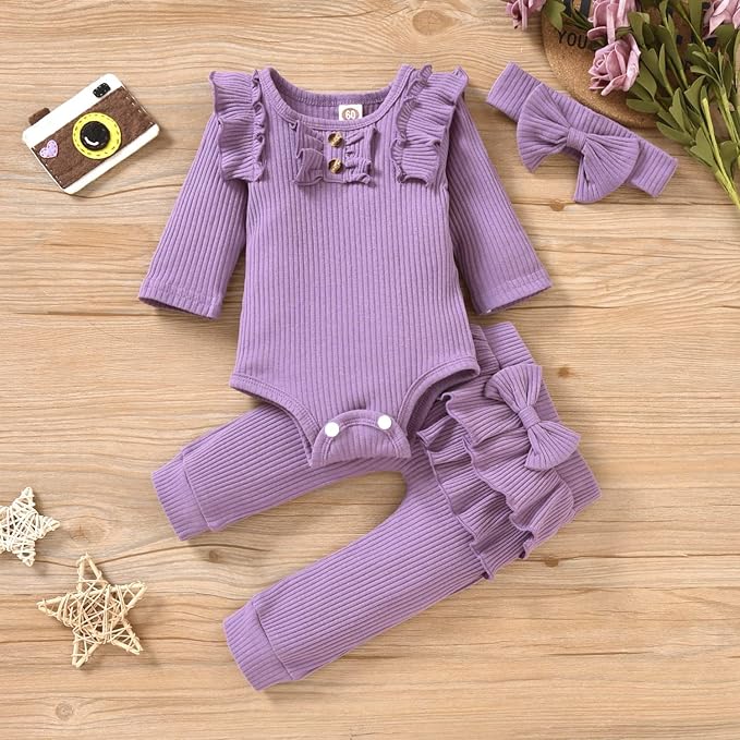 Aalizzwell Preemie Newborn Infant Baby Girls Clothes Ribbed Bodysuit Pants Set Fall Winter Outfits