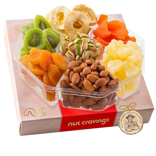 NUT CRAVINGS - Rosh Hashana & Shana Tova Dried Fruit & Mixed Nuts Gift Basket in Red Box (7 Assortments, 2 LB) Food Arrangement, Healthy Snack Care Package, Food Assortments
