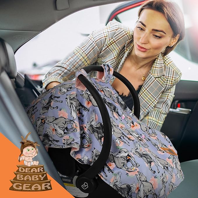 Dear Baby Gear Car Seat Cover for Boys & Girls - Baby Carseat Canopy w/Snap Opening - Infant Seat Cover - Stroller & Nursing Covers - Newborn Carrier Canopy - 40x30(Gray Horses Lavender Pink Floral)