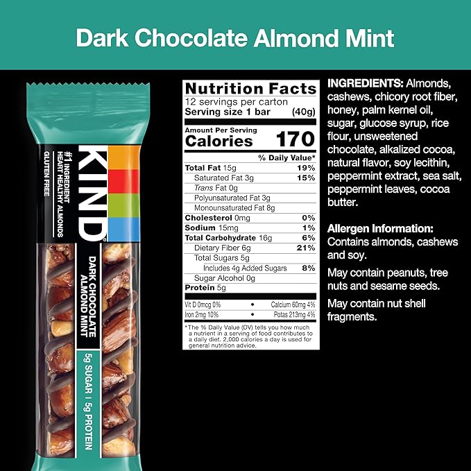 KIND Nut Bars, Dark Chocolate Mint, Healthy Snacks, Gluten Free, Low Sugar, 5g Protein, 12 Count