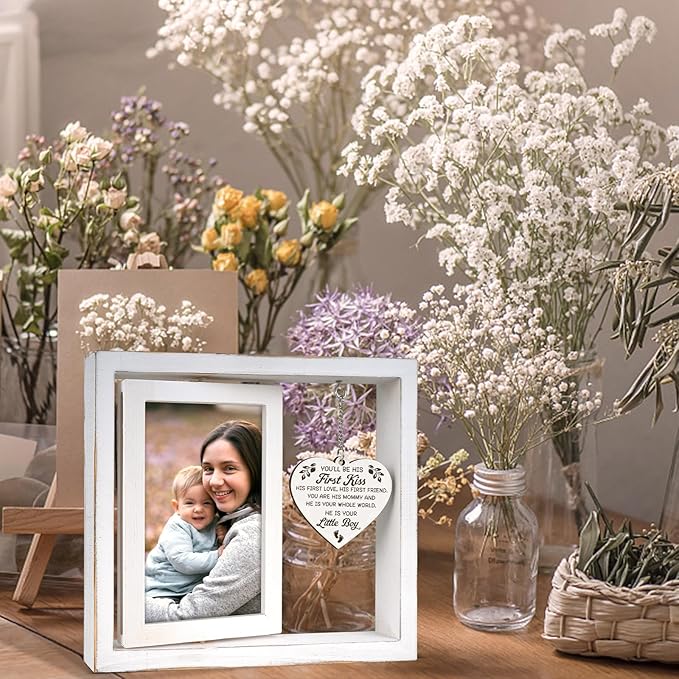 New Mom Gifts, Boy Mom Gifts - "You'll Be His First Kiss" Picture Frame Nursery Decor, Gift for Mother to Be, Baby Shower, Birthday, Mother's Day - Vintage Style Rotating Photo Frame 4x6