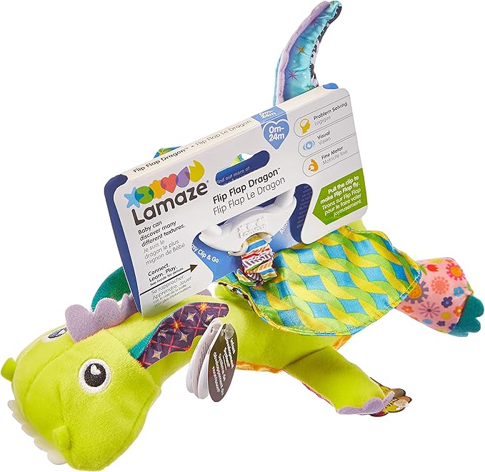 Lamaze Clip On Car Seat and Stroller Toy - Flip Flap Dragon - Crinkle Car Seat Toys and Stroller Toys - Sensory Toys for Babies - Travel Toys for Car - Infant Toys Ages 0 Months and Up