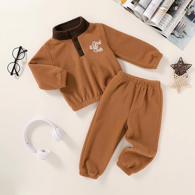 YOUNGER TREE Toddler Boy Girl Clothes Fleece Fall Winter Outfit Baby Long Sleeve Button Sweatshirt and Pants Sweatsuits Set