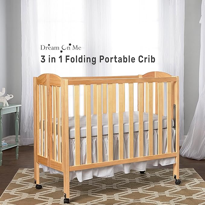 Dream On Me 3 in 1 Portable Folding Stationary Side Crib in Natural, Greenguard Gold Certified, Safety Wheel with Locking Casters, Convertible, 3 Mattress Heights