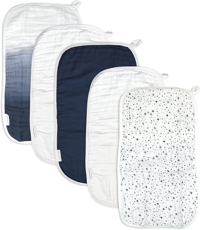 HonestBaby Organic Cotton Multi-Layer Burp Cloths Multipack, 5-Pack Twinkle Star White/Navy, One Size
