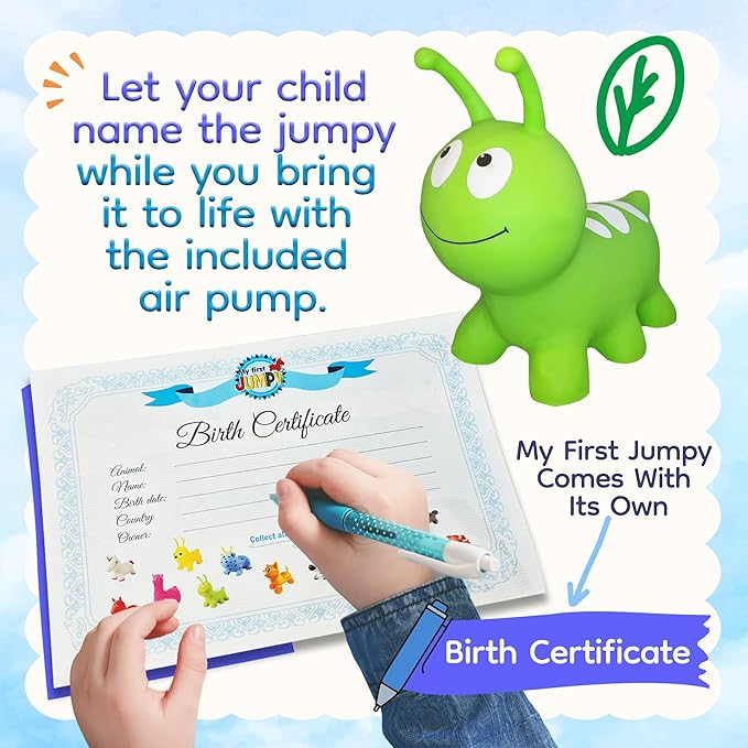 Jumpy Inflatable Bouncer - Animal Ride on Toy for Kids, Toddler’s, Boys, and Girls – Stable and Durable for Indoor and Outdoor Play, Pump and Birth Certificate Included - Green WORMY