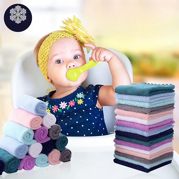 32 Pack Baby Washcloths - 10x10 Inch, Microfiber baby towel - Absorbent and Soft baby Wash Clothes for Newborns, Infants and Toddlers - Quick Dry baby boys and girls face towel - Multicolor