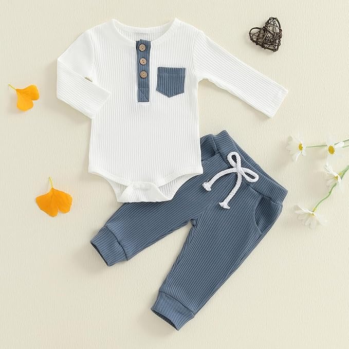 fhutpw Baby Boy Clothes 3 6 12 18 Months Ribbed Knitted Long Sleeve Romper and Pants Sets Newborn Fall Splicing Color Outfits