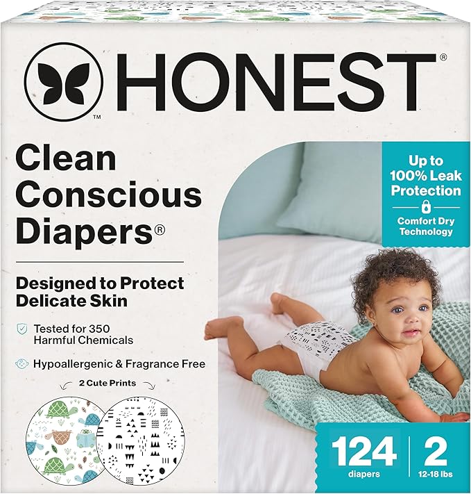 The Honest Company Clean Conscious Diapers for Delicate Skin | Up to 100% Leakproof | Hypoallergenic, Fragrance Free | Gender Neutral | Super Club Box, Size 2 (12-18 lbs), 124 Count (Prints May Vary)