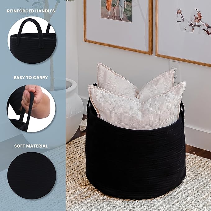 OrganiHaus Large Laundry Basket, Woven Cotton Rope Basket for Blankets, Toy Storage, Nursery Hamper, Living Room Decor Organizer, Soft & Durable Hamper with Handles, 20x13 inches - Black