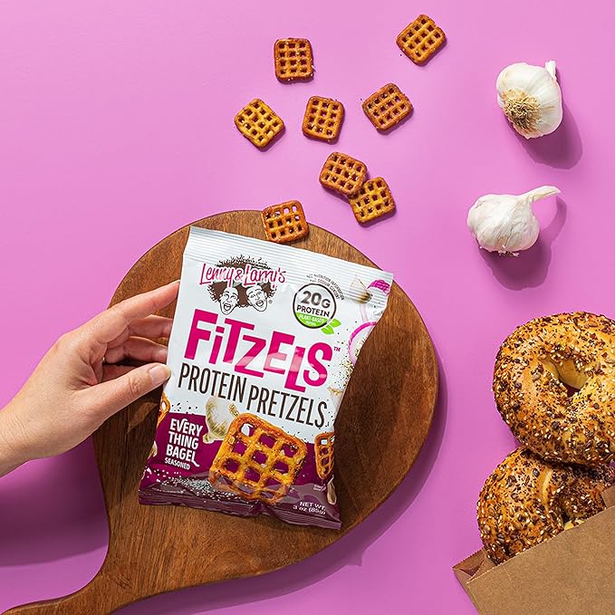 Lenny & Larry's Everything Bagel FITZELS- Savory Pretzel Snacks Incredibly Tasty, High Protein Salty, Vegan, 20 g's of Plant Based Protein 8 (eight) Bags, 3 oz Each