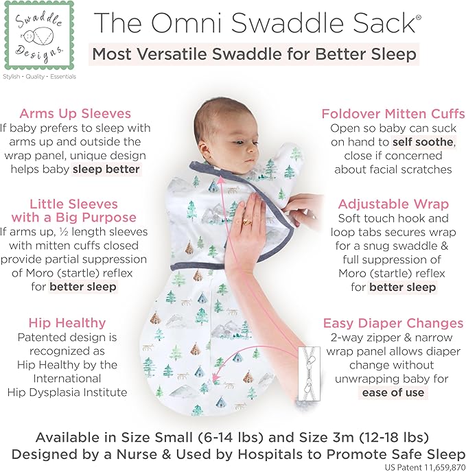 SwaddleDesigns 6-Way Omni Swaddle Sack Arms Up Swaddle for Newborn, More Options to Calm Startle Reflex, Improves Sleep